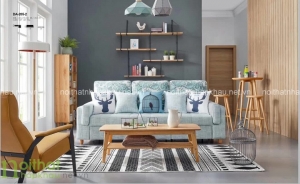 Ghế sofa phòng khách chất liệu vải màu xanh dương cho mùa hè thêm mát mẻ