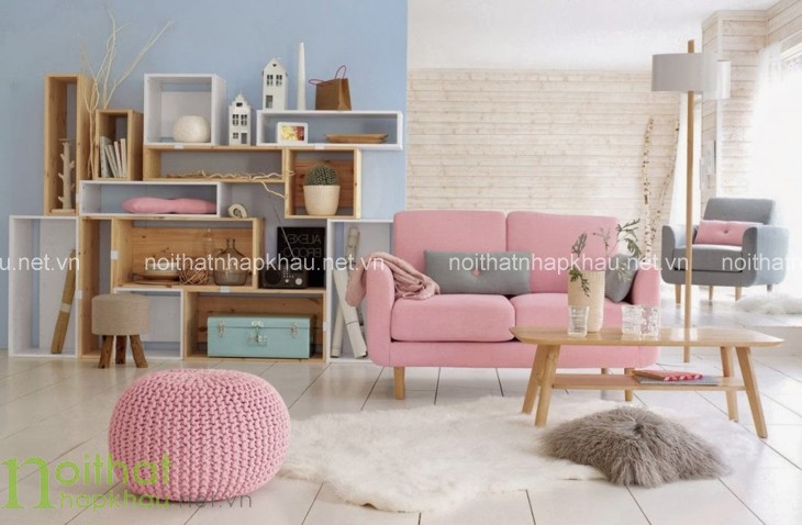 Mẫu sofa màu hông pastel cho phòng khách trở nên nhẹ nhàng và thanh lịch