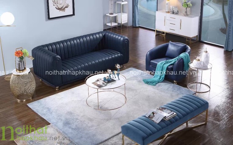 Sofa da màu xanh sang trọng và đẳng cấp với thiết kế đơn giản và lịch lãm 